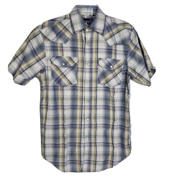 RK Brand Mens Shirt Size Small Western Pearl Snap 2 Pocket Blue Plaid Short Slv - Picture 1 of 9